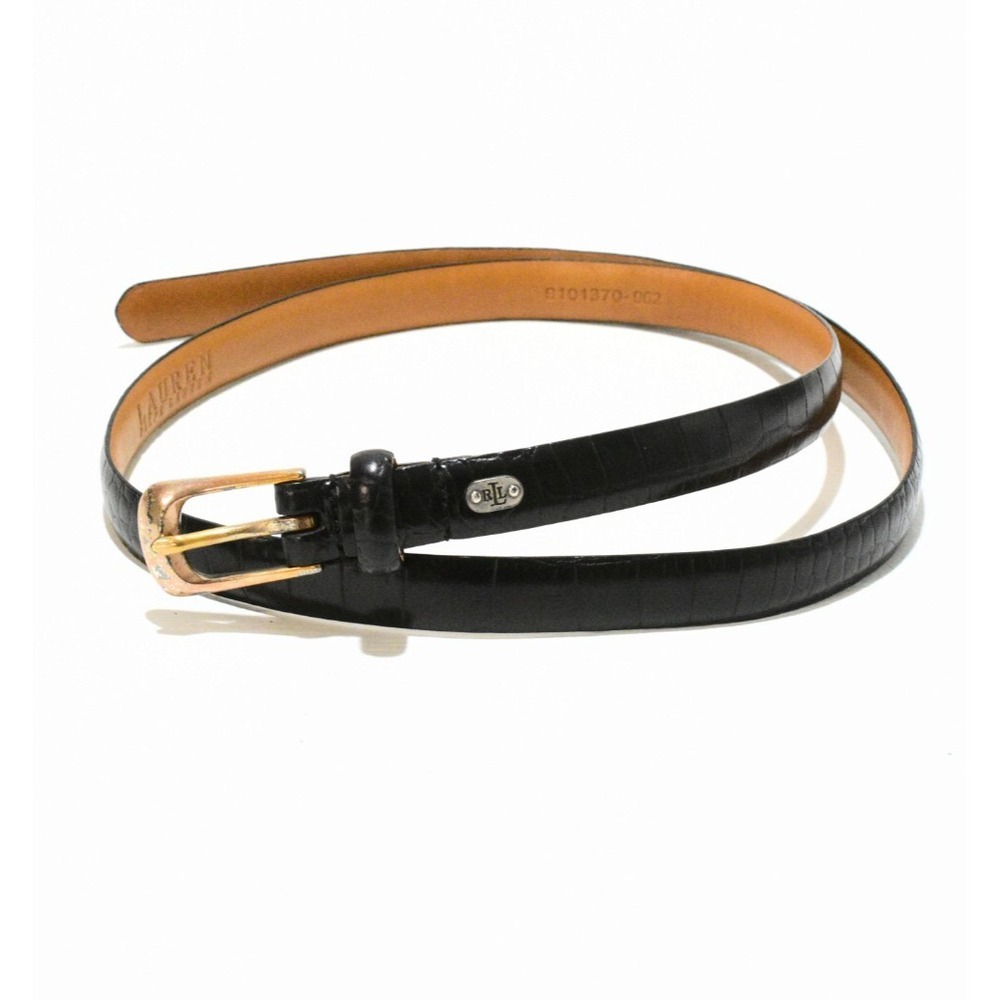 90s Vintage Lauren Ralph Lauren Croc Skinny Belt Womens M Black Leather Italy